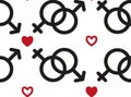 Seamless pattern with male and female sex icons. Elements for Valentine`s Day with symbols of heart, chains with symbols. Royalty Free Stock Photo